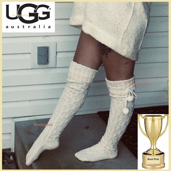 UGG Cable Pom Pom Over Knee Thigh High Socks Boot Cozy Warm Pink Silver Fall New - Picture 4 of 6
